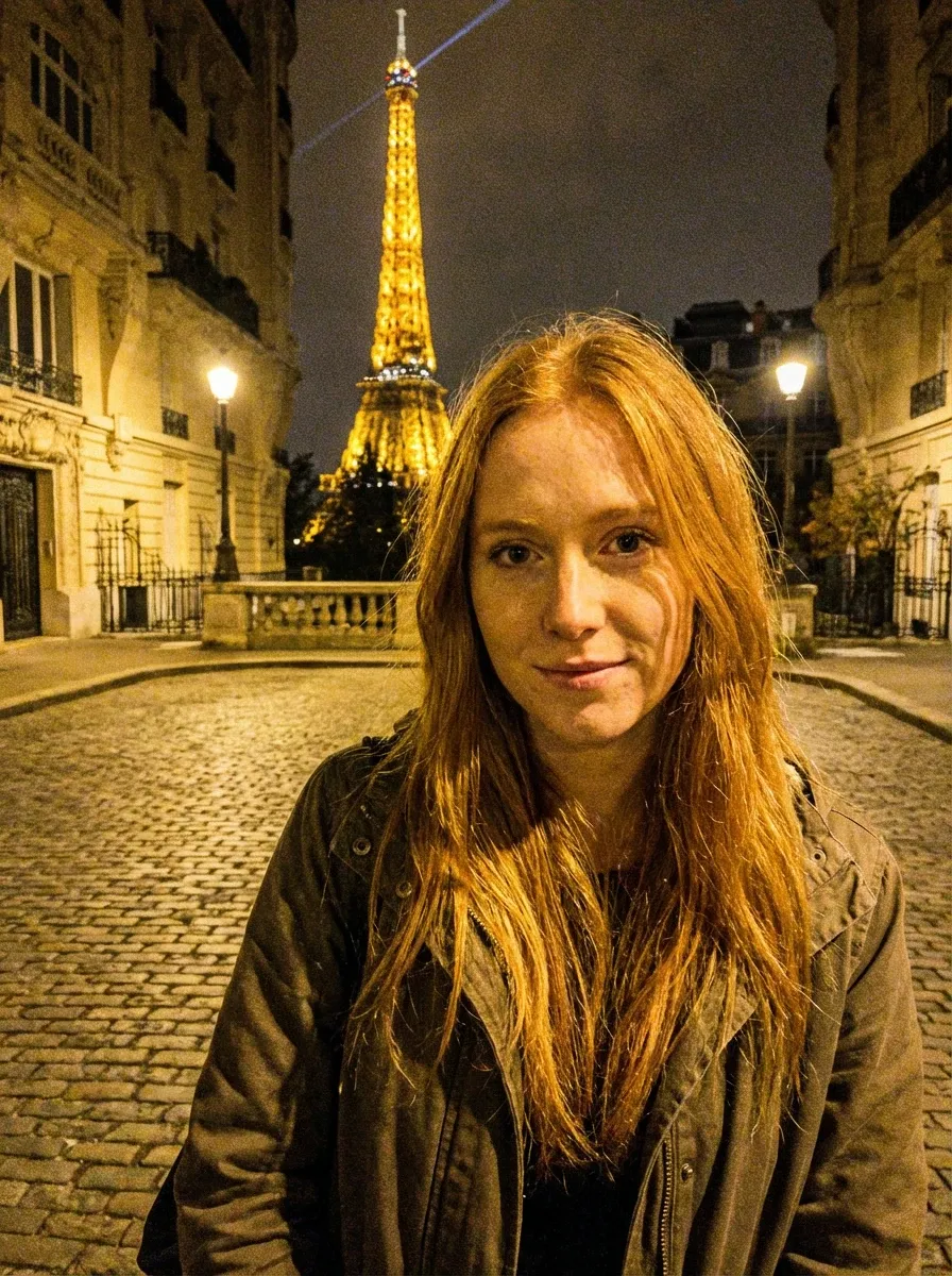 Original selfie input — red-haired woman in a dark coat on a night street